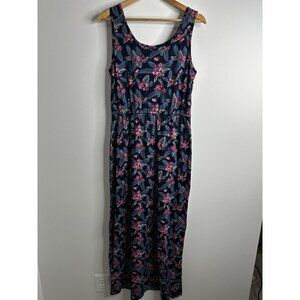 Mata Traders Maxi Dress Sz L Floral Navy Boho Jersey Knit Organic Cotton Stretch